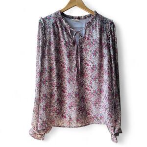 Easel LA Peasant Blouse Size Large Floral Ruffles Pink Front Tie Lined NWOT